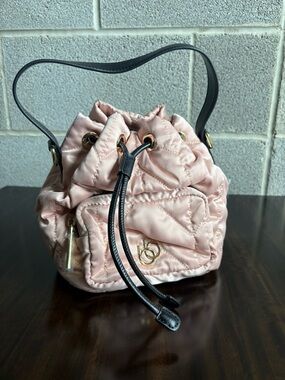 Quilted Pink Drawstring Bucket Backpack with Black Trim
